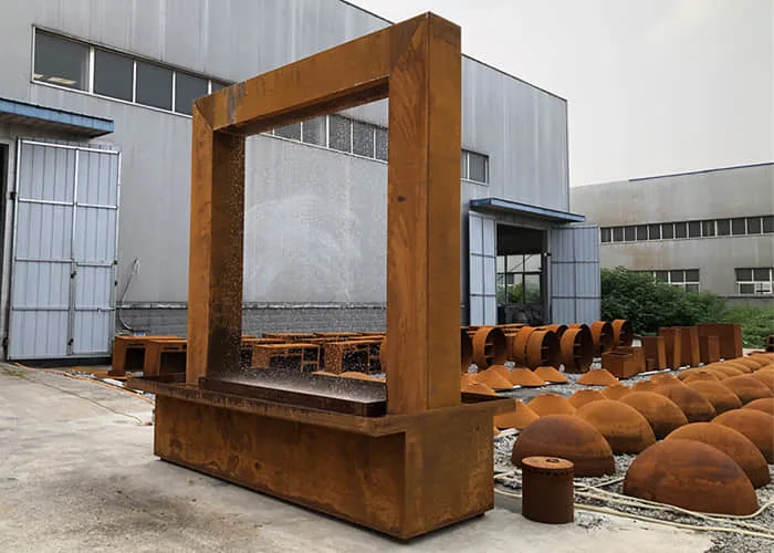 Outdoor Garden Steel Water Feature Metal Rain Curtain with Water Pool Customized Corten Steel Fountain